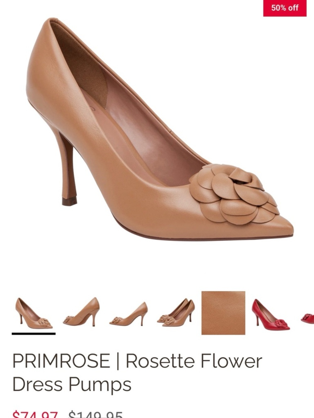 Linea Paolo Classic Tan Leather Pointed-Toe Pumps with Rosette Flower - Picture 7 of 7